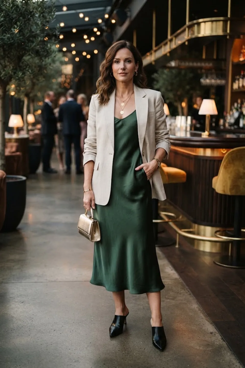 Stone blazer over a deep-green satin slip dress with black pointed mules and a metallic handbag