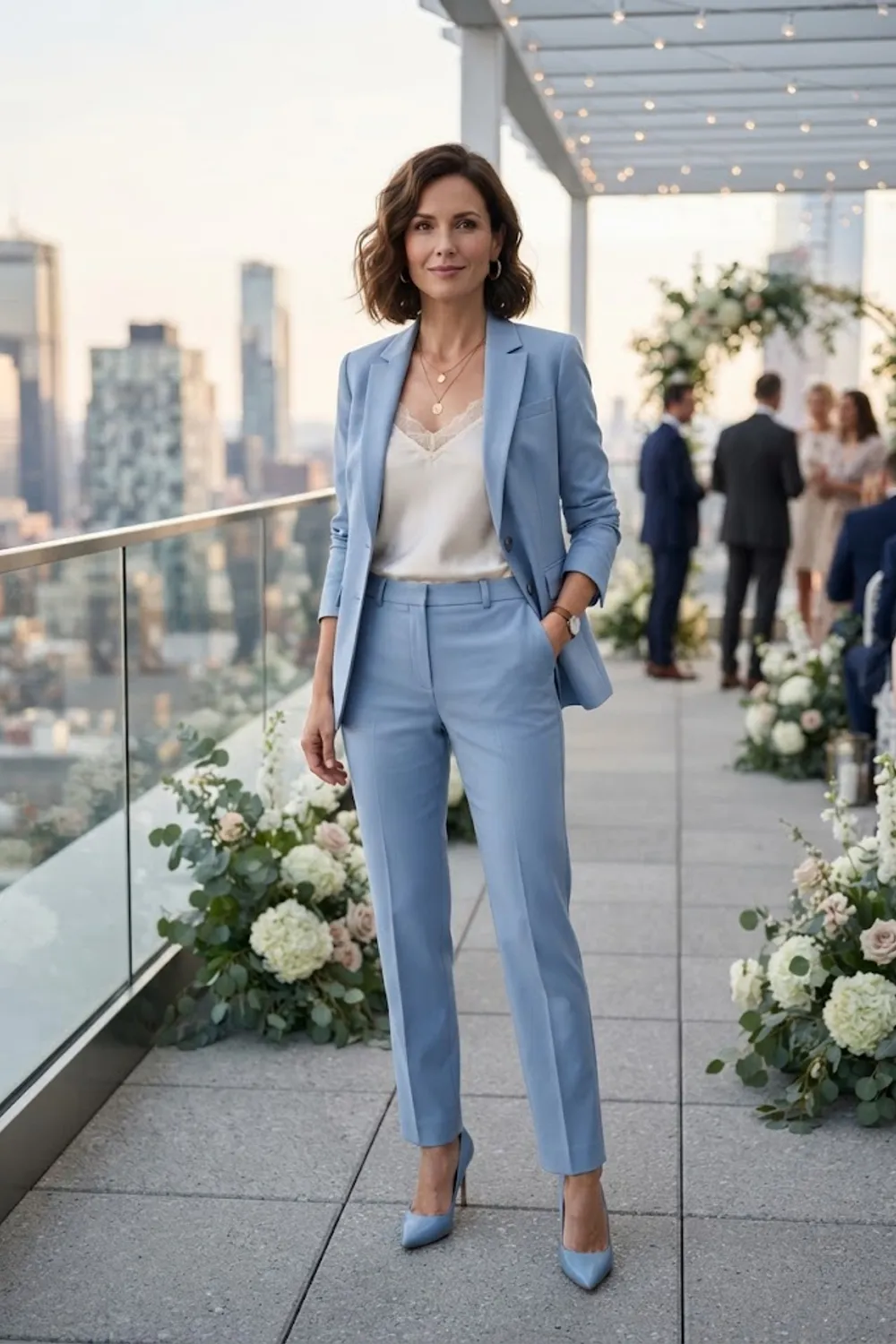 Powder-blue trouser suit over an ivory silk camisole with matching pointed pumps at a city wedding