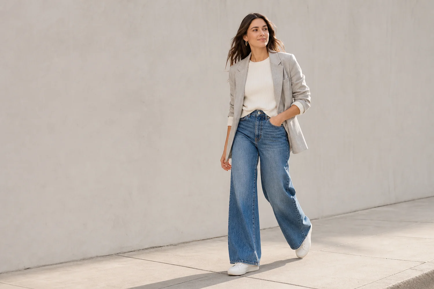 Woman wearing a stone blazer, ivory ribbed top, wide-leg jeans, and white sneakers