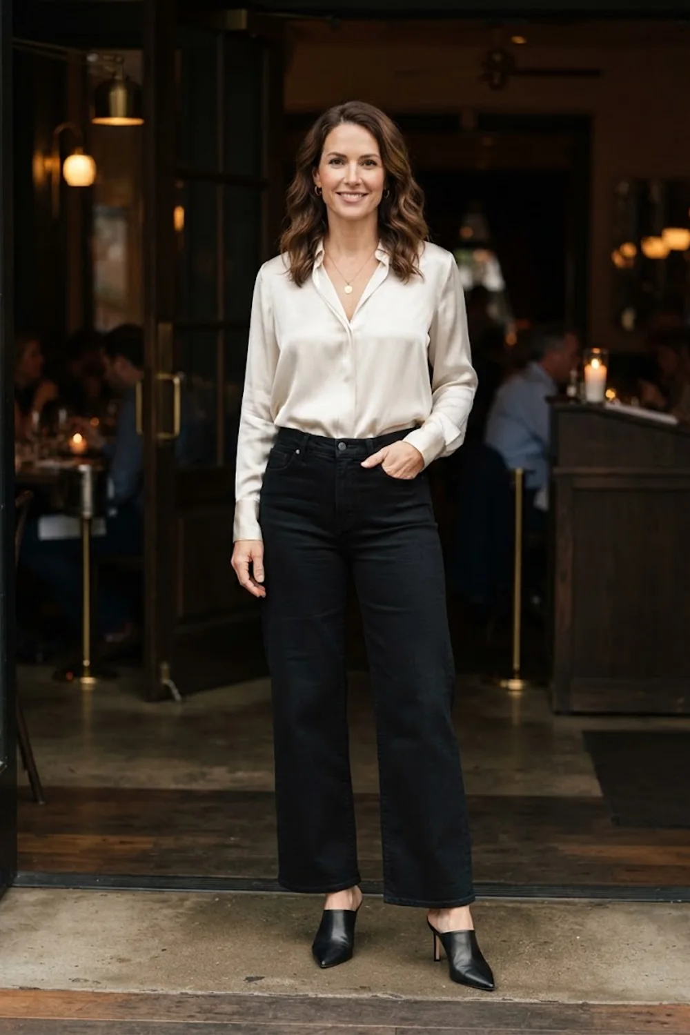 A fluid silk blouse tucked into black wide-leg jeans with pointed heeled mules