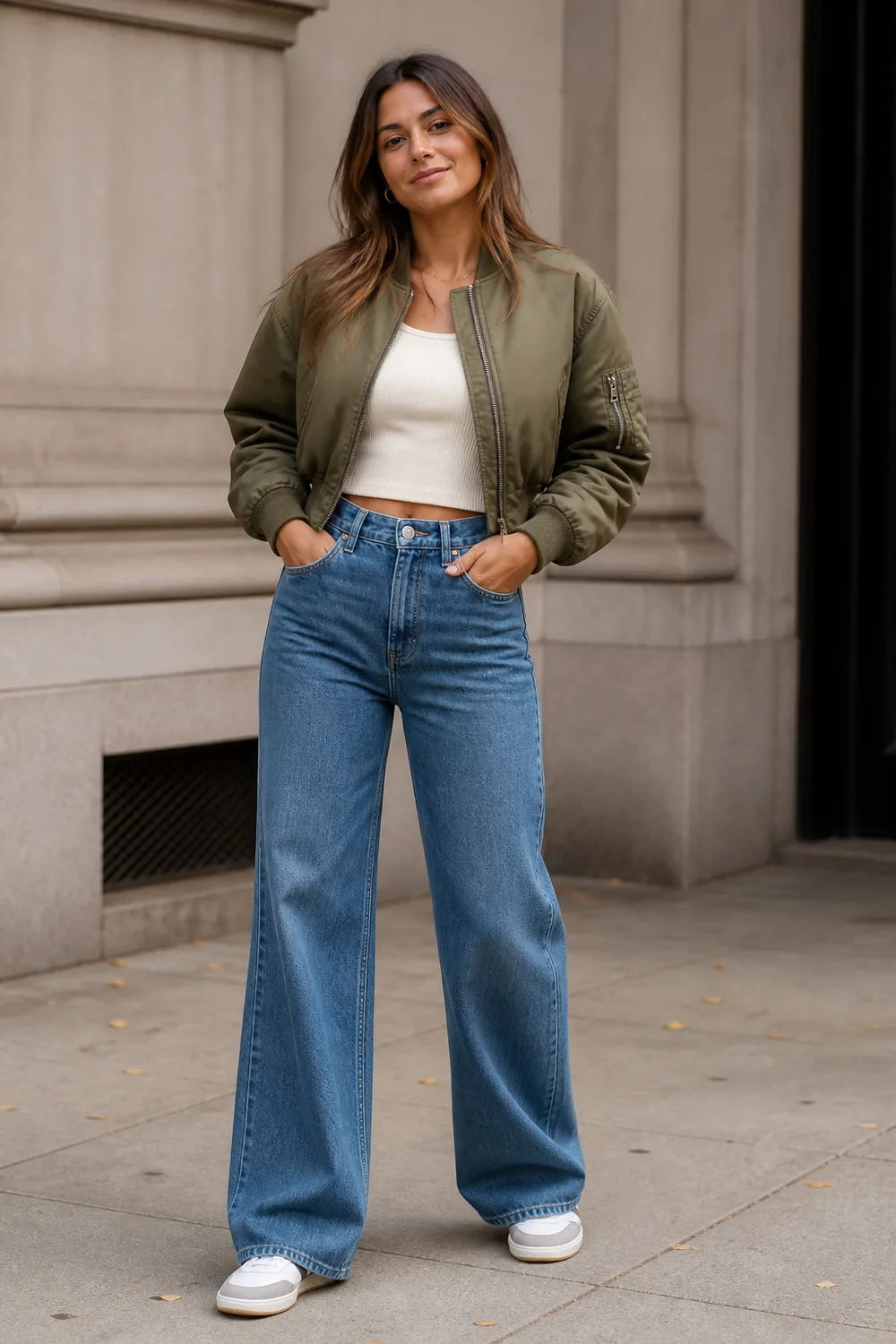 Woman wearing an olive cropped bomber, ribbed tank, wide-leg jeans, and sneakers