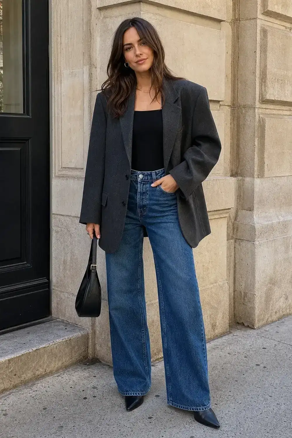Woman wearing an oversized charcoal blazer, black bodysuit, wide-leg jeans, and pointed ankle boots