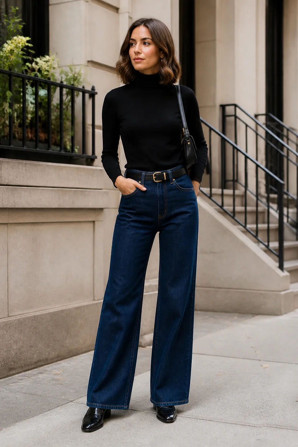 Woman wearing a black turtleneck, dark wide-leg jeans, and black loafers