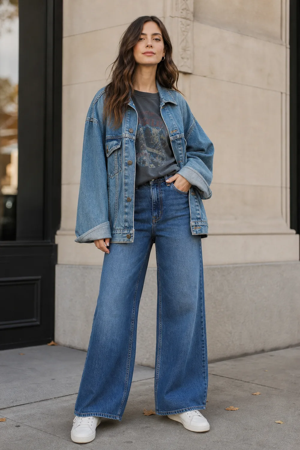 Woman wearing an oversized denim jacket, faded graphic tee, wide-leg jeans, and white sneakers