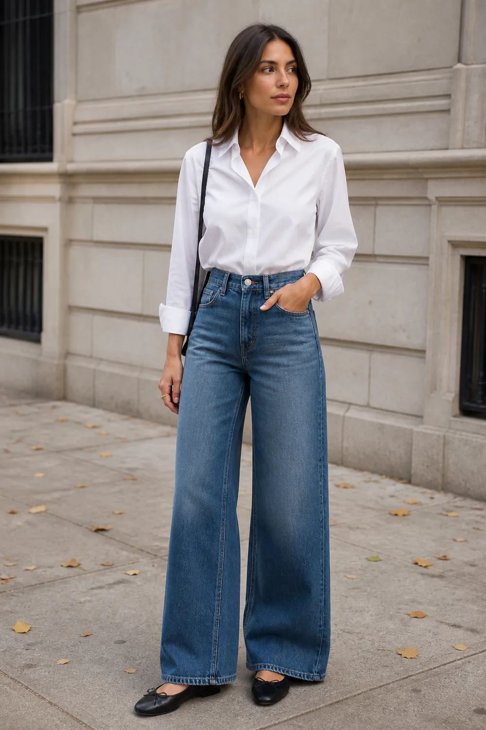 Woman wearing a white button-down shirt, blue wide-leg jeans, and black ballet flats
