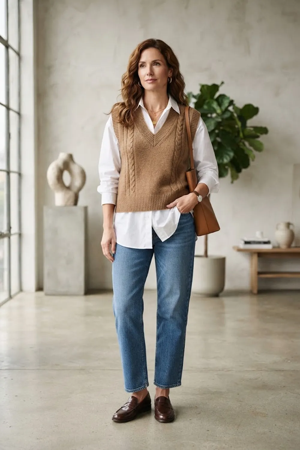 Camel sweater vest layered over a white poplin shirt with relaxed blue jeans and brown loafers