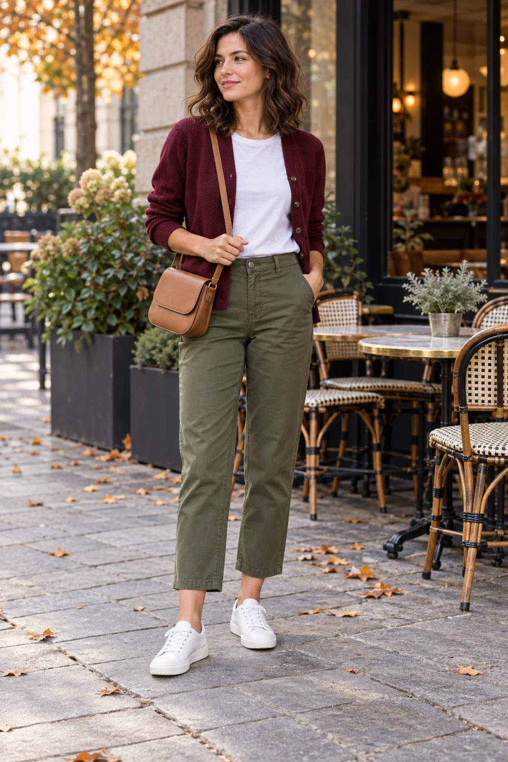 White sneakers with olive cropped trousers, a white tee and a burgundy cardigan