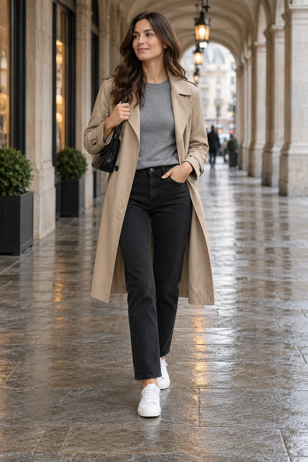 White sneakers with black jeans, a gray sweater and a stone trench coat