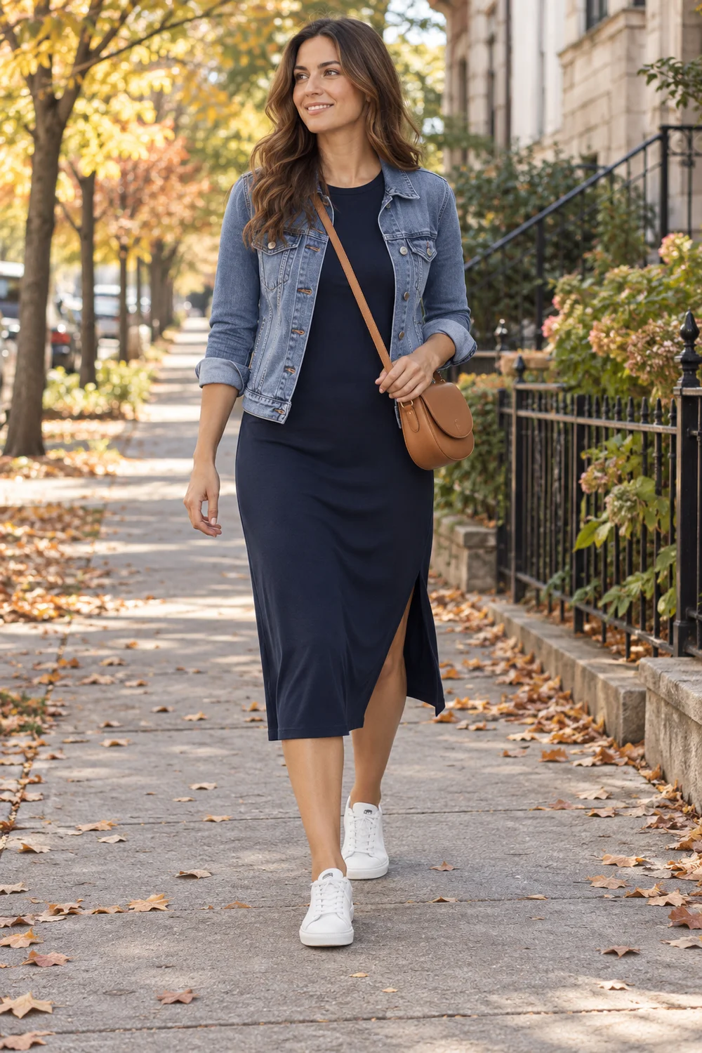 White sneakers with a navy jersey midi dress and a blue denim jacket
