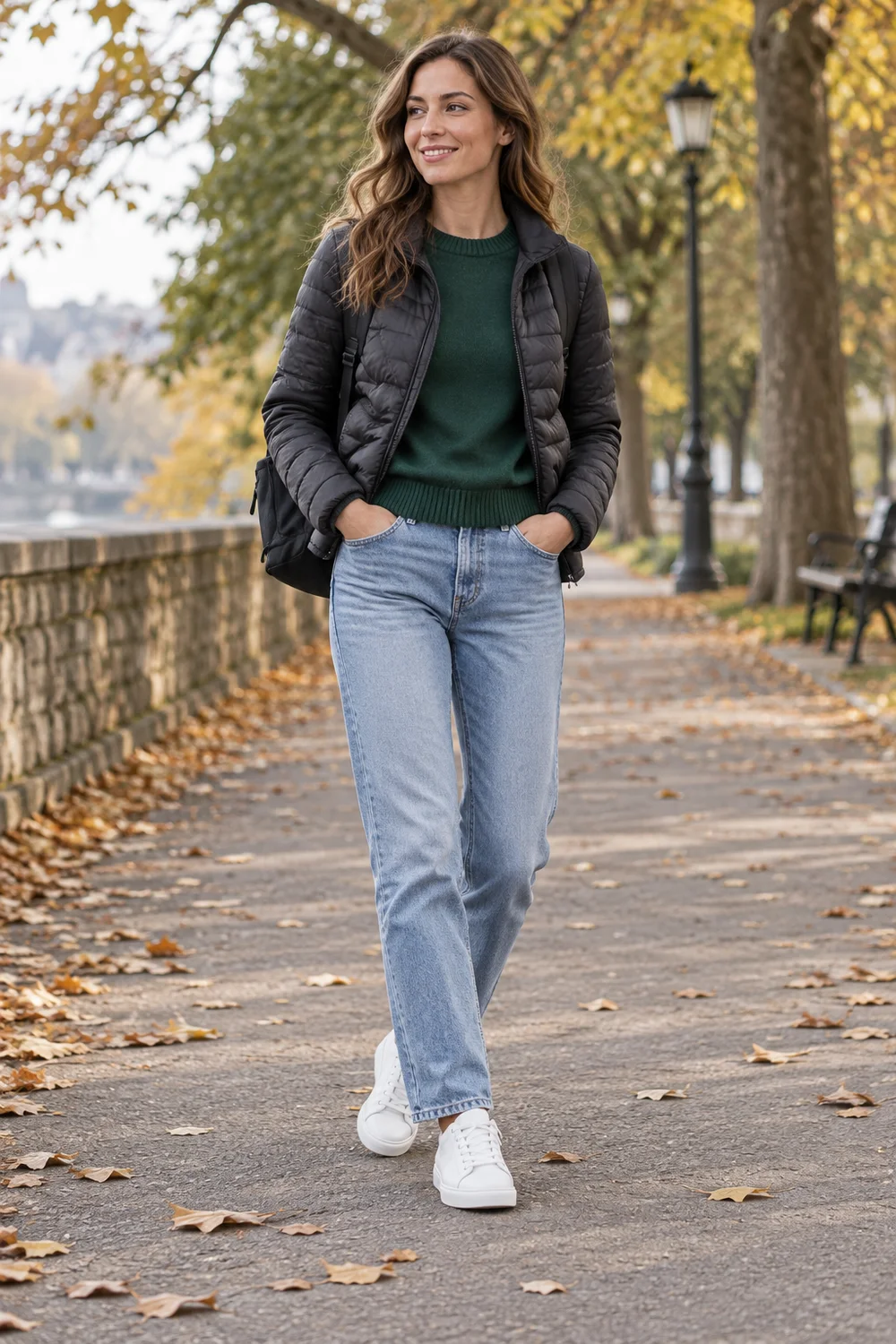 White sneakers with light blue jeans, a forest-green sweater and a charcoal quilted jacket
