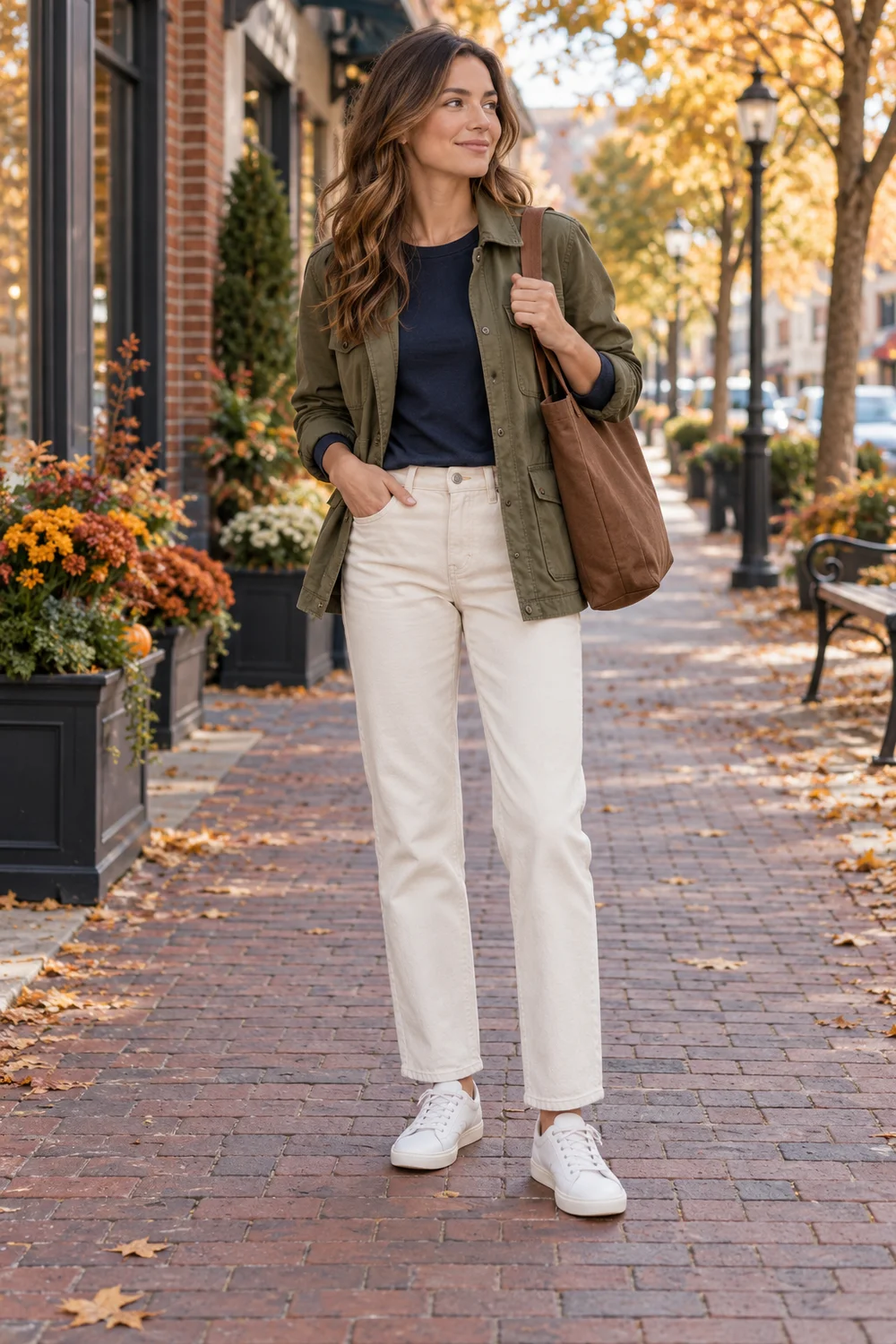 White sneakers with ecru jeans, a navy tee and an olive utility jacket