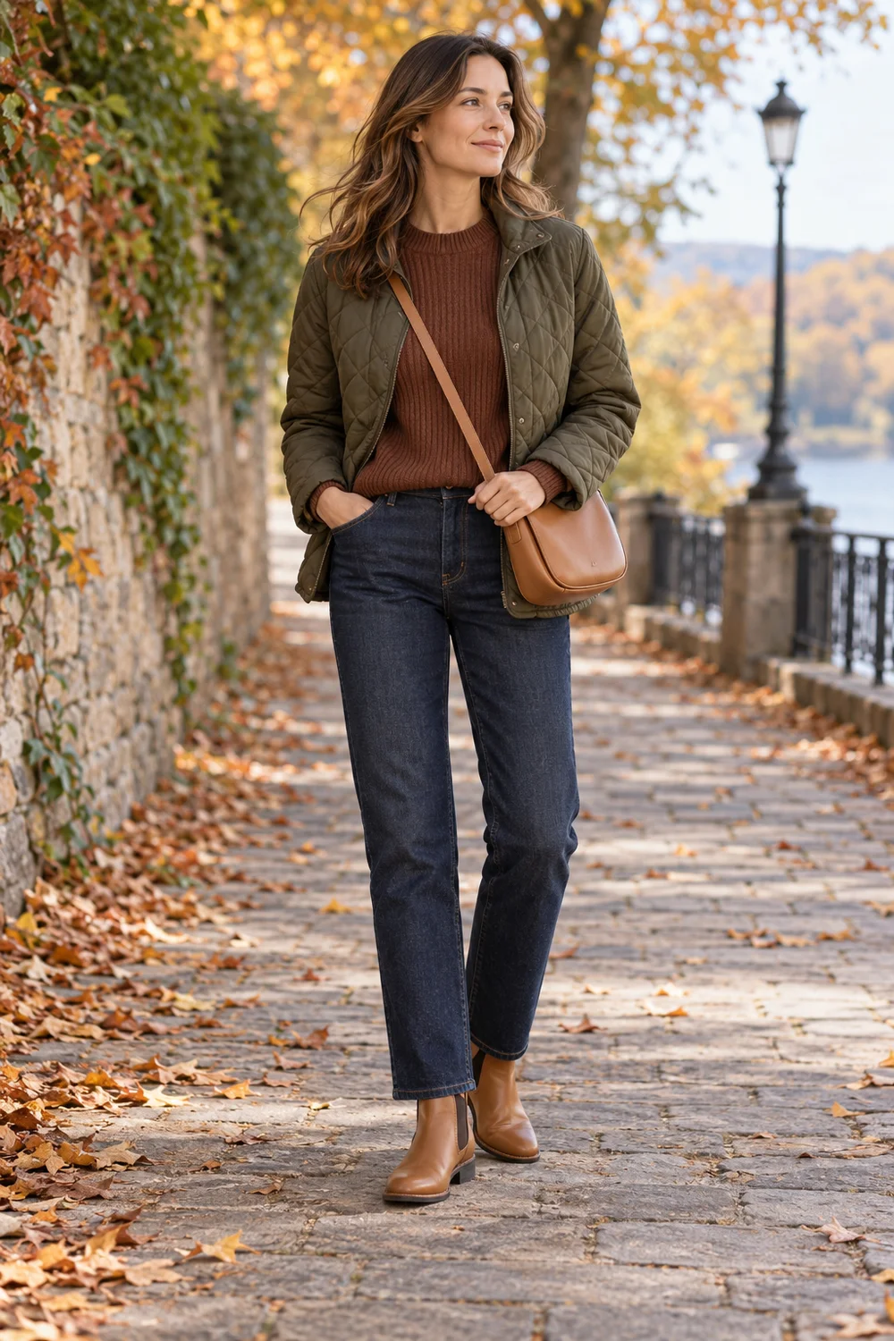 Chestnut ribbed brown sweater with indigo straight jeans, tan Chelsea boots and an olive quilted jacket