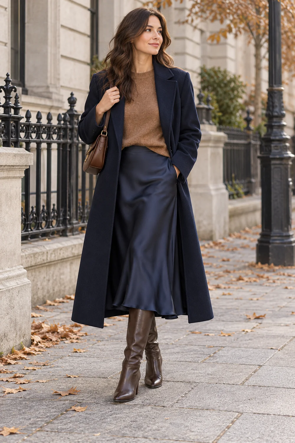 Medium-brown crewneck sweater with a navy satin midi skirt, brown tall boots and navy coat