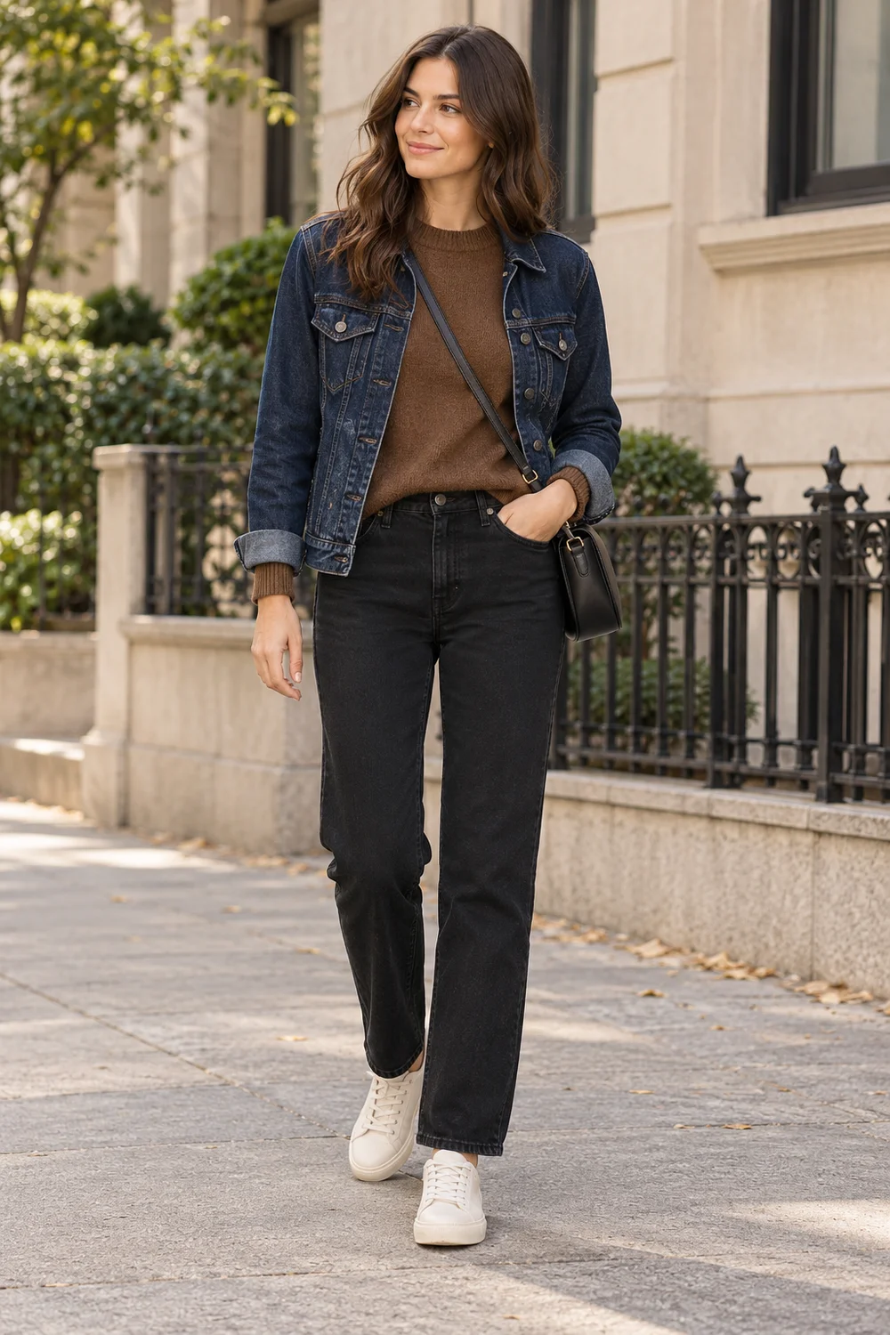 Walnut-brown sweater and indigo denim jacket with black straight jeans and off-white sneakers