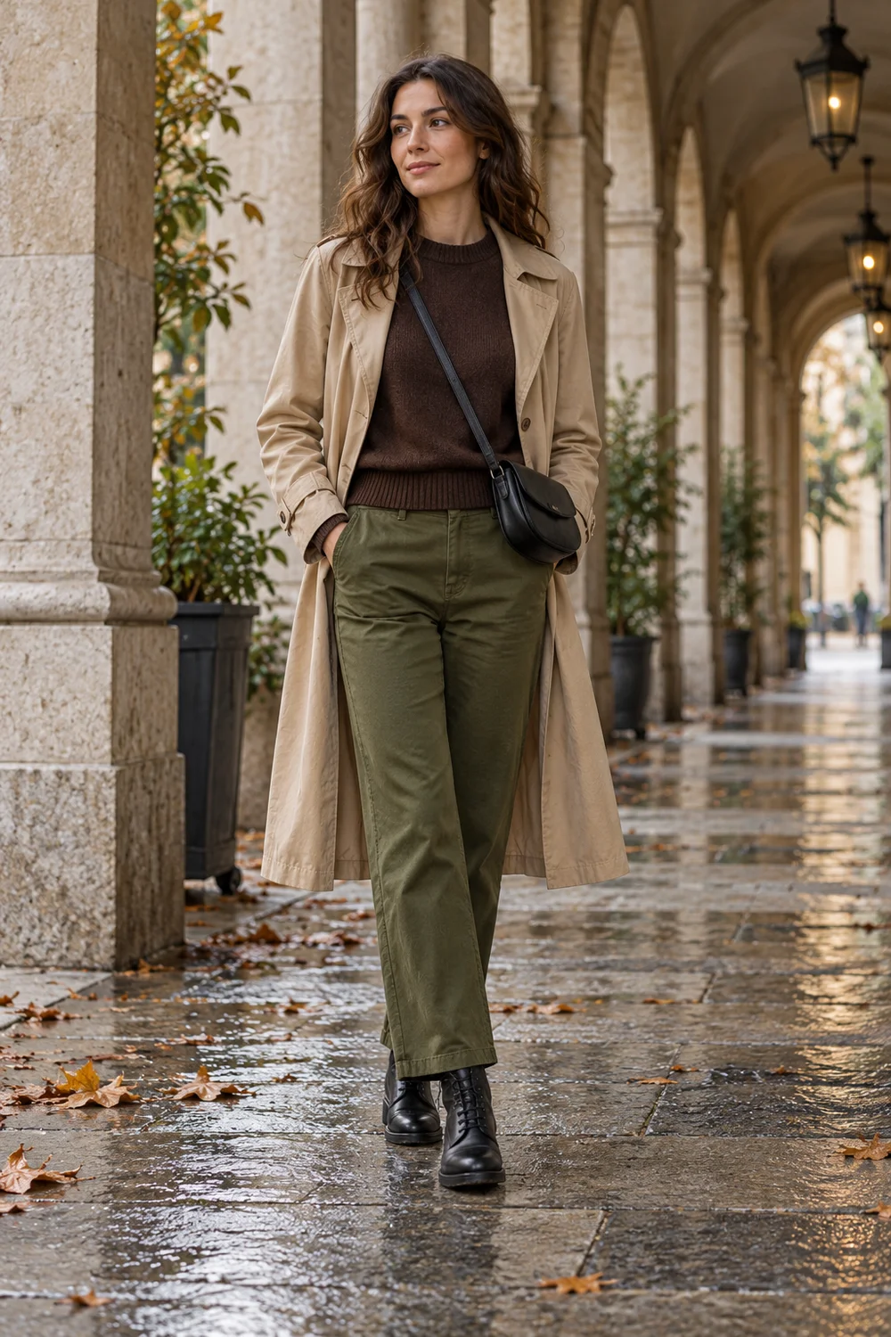 Chocolate-brown sweater with olive straight-leg trousers, black lace-up ankle boots and a stone trench