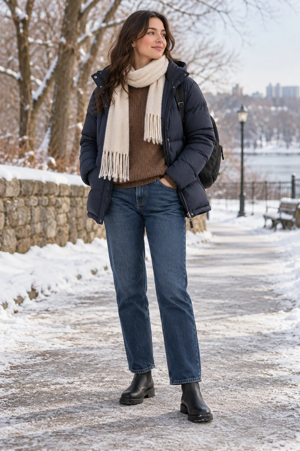 Mocha textured brown sweater with dark blue jeans, a navy puffer, cream scarf and black Chelsea boots
