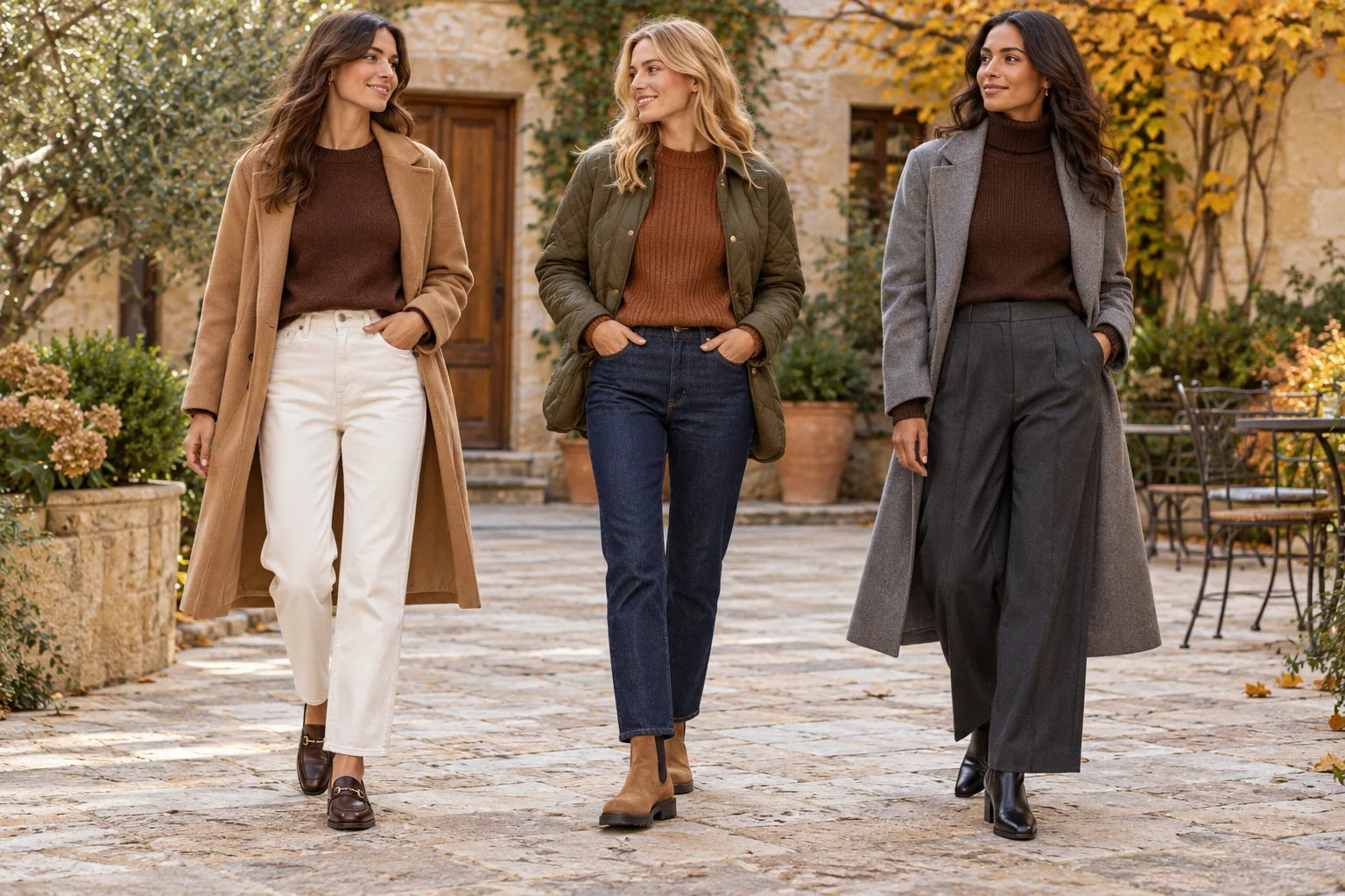 Brown sweater outfit ideas with ivory jeans, indigo denim and charcoal trousers