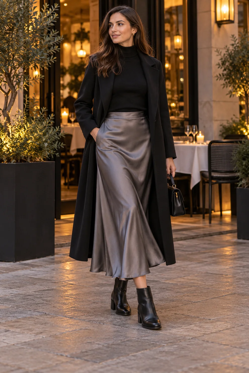 Pewter satin midi skirt with a black turtleneck, black coat and low-heeled ankle boots