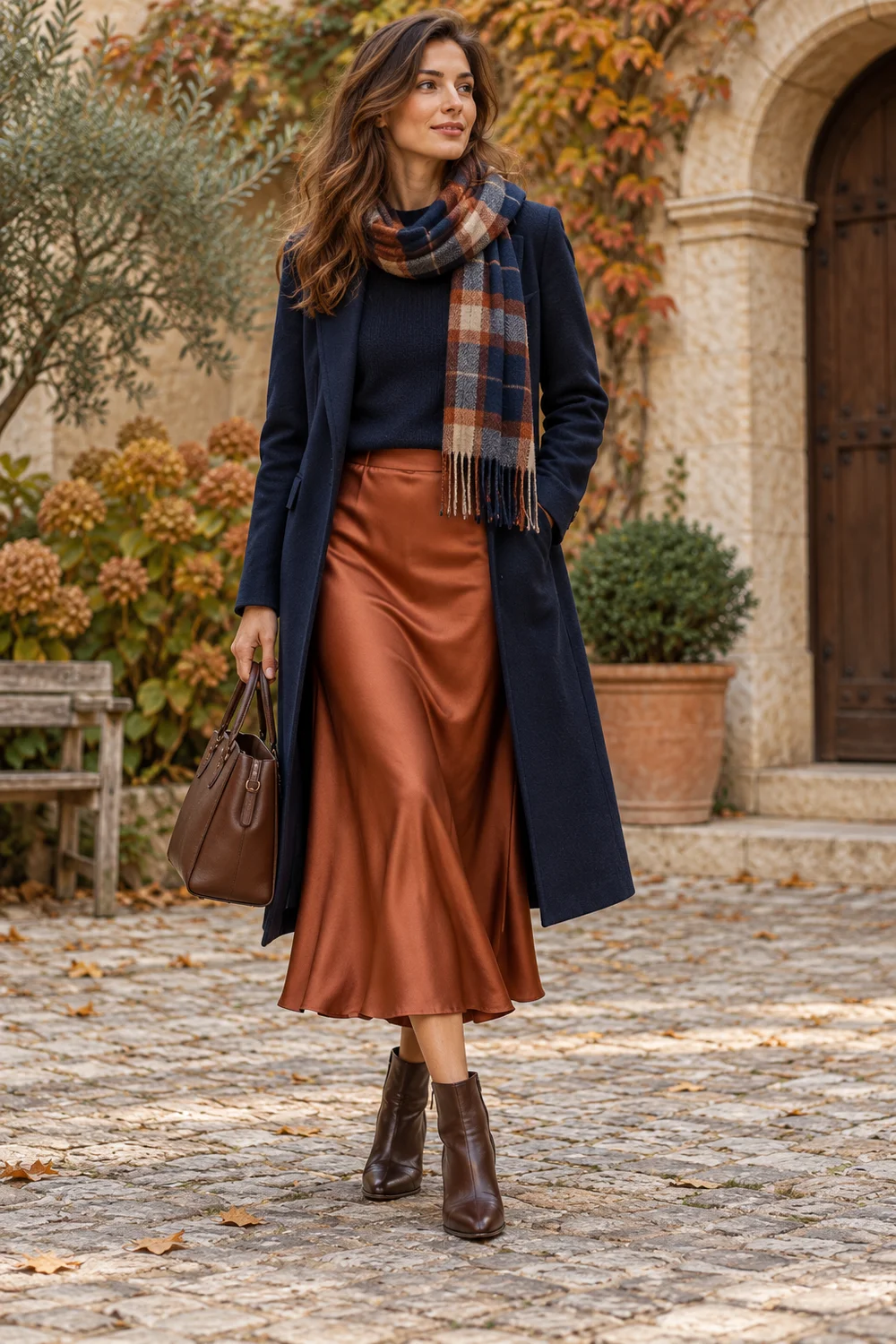 Rust satin midi skirt with a navy sweater and coat, checked scarf and brown ankle boots