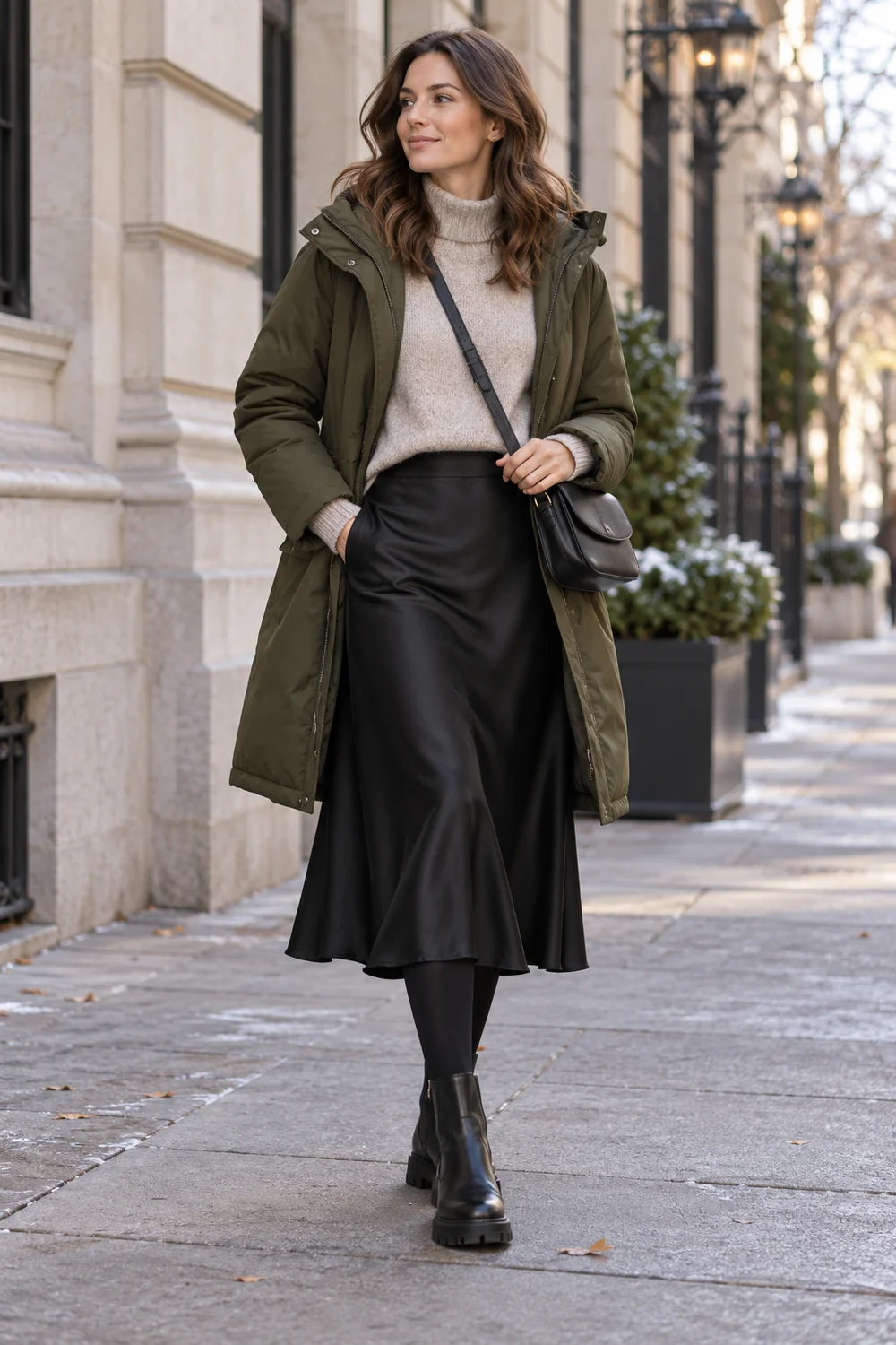 Black satin midi skirt with an oatmeal sweater, olive parka and black lug-sole boots